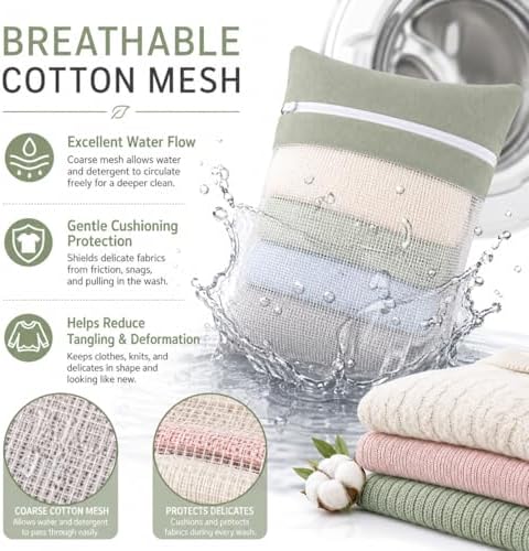 Green 5-piece set in bags, durable cotton mesh laundry bags, sturdy zipper, breathable mesh, delicate laundry bags, suitable for underwear, clothes, pants, and socks - Image 3