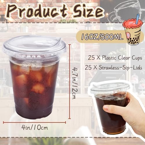 Qinsihwn 16 Oz Plastic Clear Cups with Strawless-Sip-Lids,25 Sets Plastic Cups with Sip Through Lids,Disposable Iced Coffee Cups for Milkshake,Smoothie,Cold Drinks - Image 2