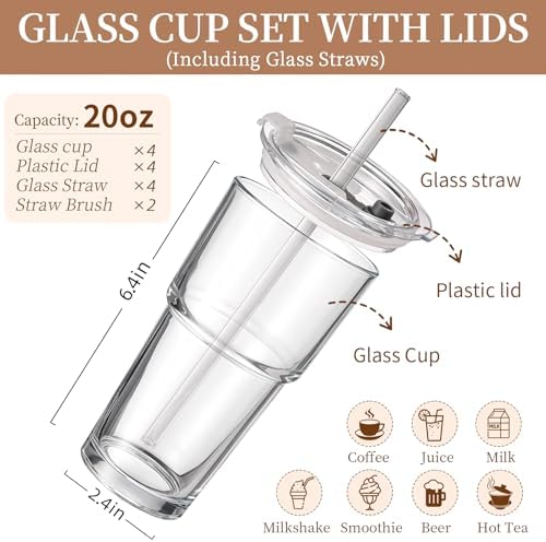 Iced Coffee Cups with Lids: Coffee Bar Accessories - Tumbler Leak Proof for To Go Iced Coffee Cup with Lid 4Pack - 20 oz Glass Cup with Lid and Straws - Thickened Glass Tumbler with Straw and Lid600ml - Image 2