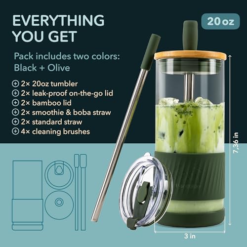 Pandaloo® Glass Cups With Lids and Straws -20 Fl Oz- Perfect Size Iced Coffee Cup - Smoothie Cup With Bamboo Lid and On the go Lid - (2 Count (Pack of 1), Black Saphir-Mediterranean Olive) - Image 2