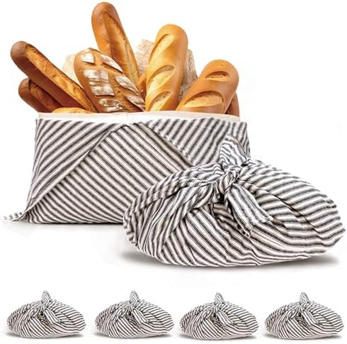 yeload 4 Pack Beeswax Bread Bags, Striped Linen Bento Bags, 14" Cotton Loaf Bag, Reusable Organic Food Storage, Sourdough Bag, Rustic Farmhouse Azuma Bukuro Origami Wrap for Baked Gifts (Black, 4) by yeload