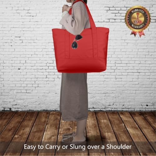TOPDesign 3-Pack Canvas Tote Bags with an External Pocket, Reusable Grocery Shopping Bags, Top Zipper Closure, Daily Essentials (Red) - Image 2