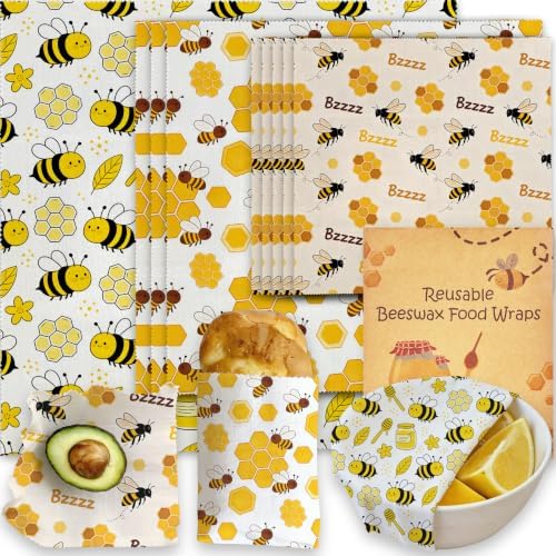 Reusable Bee & Honeycomb Beeswax Wraps, 9 Pcs For Sandwich, Bread, Fruit, Bowl, Organic, Sustainable, Zero Waste, Plastic-Free, Eco-Friendly Food Storage, 1XL, 3M, 5S by Unknown