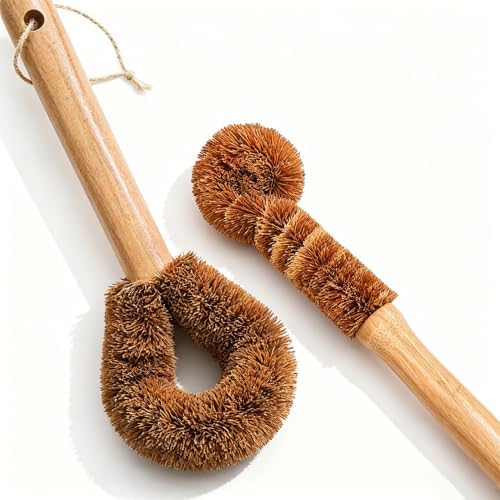 Eeghurt Dish Brush and Cup Brush with Handle,Eco-Friendly Kitchen Dish Scrub Brush for Dishes(Pot Dish Scrubber),Coconut Fiber Bristle with Wooden Handle,Dishwashing Brush with Handle for Pan - Image 2