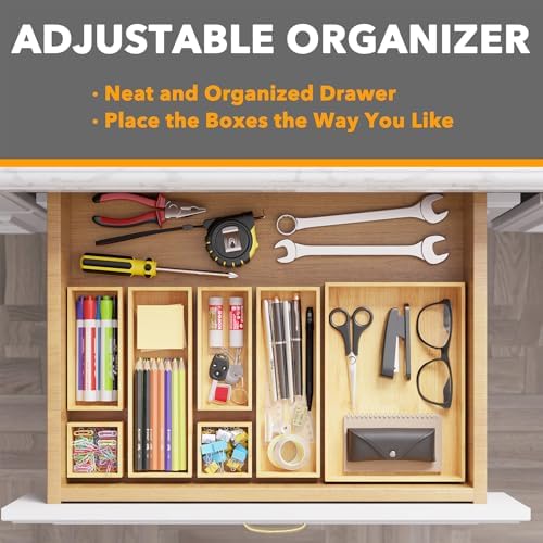 SpaceAid 7-Piece Bamboo Drawer Organizer Storage Boxes Set, Wood Tray Junk Drawer Organizers Multi-Use Divider Bins for Kitchen, Bathroom, Office Desk and Makeup Organization (7 Pack, Natural) - Image 5