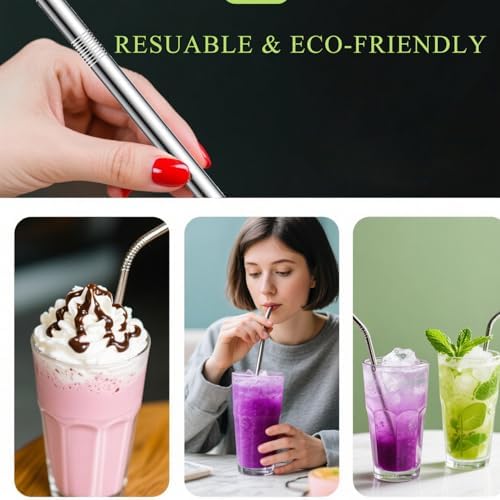 Stainless Steel Smoothie Straws, 0.4'' Extra Wide Reusable Metal Drinking Straws for Milkshake, Smoothie, Beverage, Set of 8 with 2 Cleaning Brush - Image 3