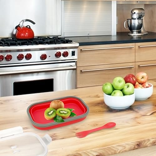 1000ml Collapsible Bento Lunch Box - Silicone Food Storage Container, Foldable Food Container with 2-in-1 Spoon Spork and Airtight Lid, Microwave Safe, Red - Image 7