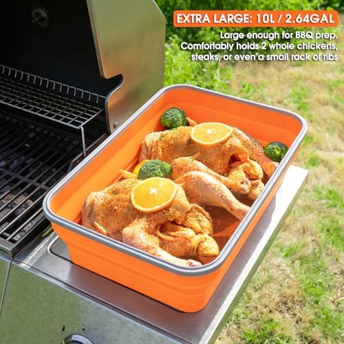 Silicone Collapsible Marinating Container with Lid for Meat, 2.64Gal/10L, Extra Large Collapsible BBQ Prep Tub, Transparent Locking Lid, XL Grill Prep Trays and Carry System, BBQ Must-Have, Orange - Image 3
