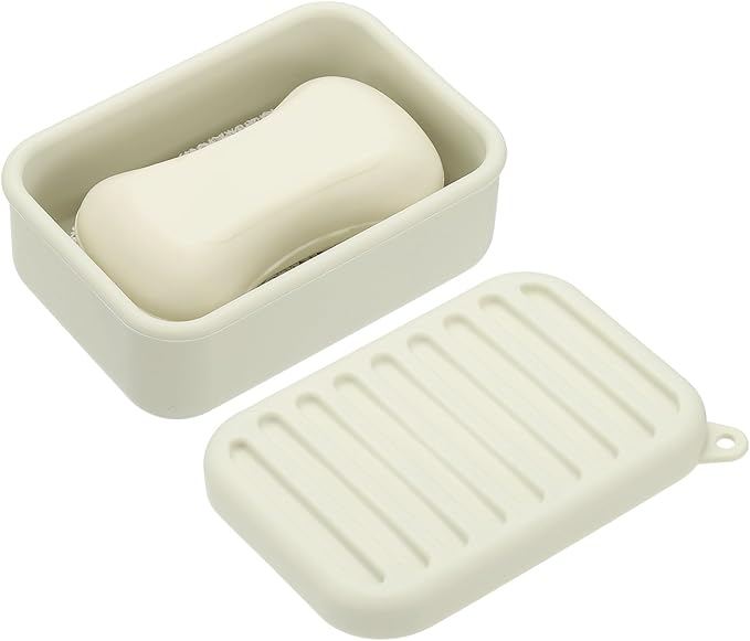 uxcell Shampoo Bar Travel Case, Silicone Leak Proof Soap Bar Case with Draining Layer Soap Container for Traveling, Bathroom, Gym, Camping(4"x2.76"x1.3", Beige White)