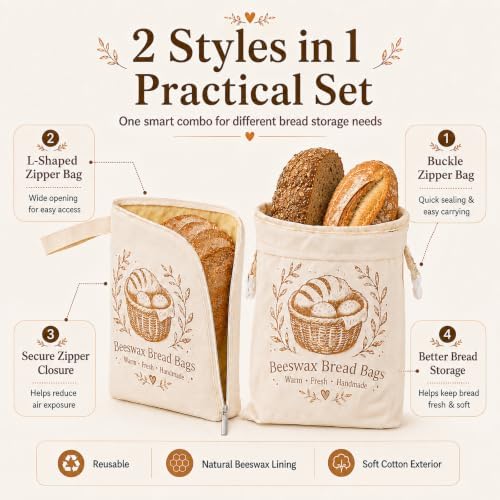 2 Pack Beeswax Bread Bags for Homemade Bread, XL Reusable Cotton Sourdough Bread Bags with Buckle Zipper & L-Shaped Zipper, Natural Beeswax Lined Bread Storage Bags for Loaves, Baguette, Freezer Safe - Image 2
