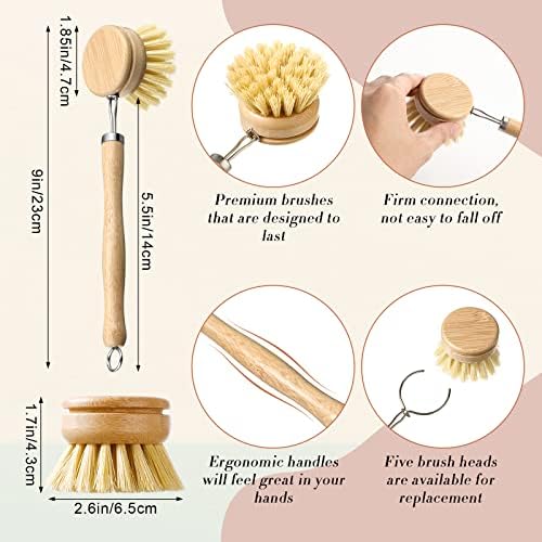 10 Pieces Wooden Dish Brush Set Bamboo Dish Brush Wood Bottle Brush with Replacement Heads for Dishes, Wide Mouth Bottles, Cups and Jars - Image 3
