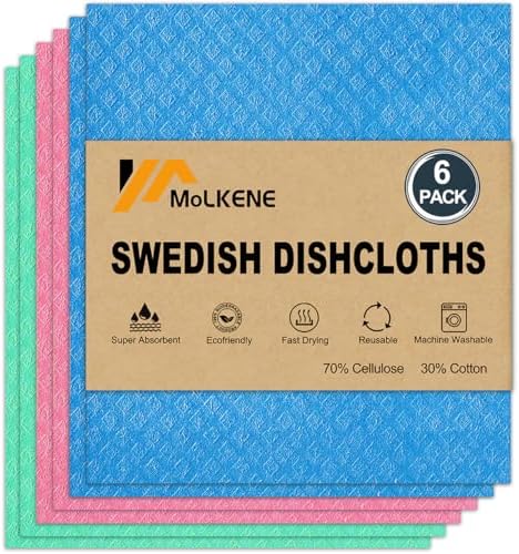 MoLKENE Swedish Dishcloths for Kitchen, 6 Pack Cellulose Sponge Cloths by MoLKENE