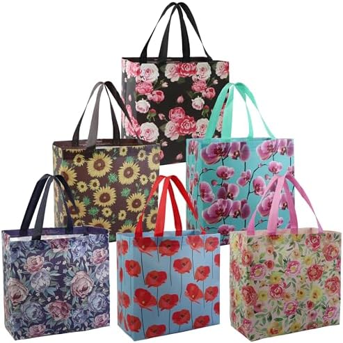 BeeGreen Flower Reusable Shopping Bags For Groceries 6 Pack- Large Foldable Tote Bags- Strong Handles for Heavy Groceries, Perfect for Supermarket, Farmers Market, and Storage Organization by BeeGreen