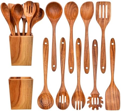 Gudamaye 13 inch Long Wooden Spoons for Cooking, 9 PCS Natural Teak Wooden Kitchen Utensil Set with Utensils Holder Made of Australia Camphor Laurel Wood，Wooden Utensils for Cooking by Gudamaye-WoodenUtensilsSets