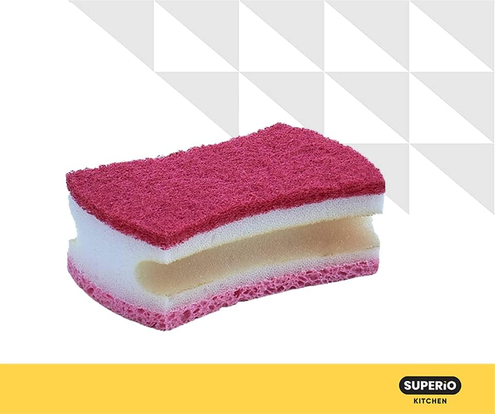 Non-Scratch Scrub Sponge with A Comfortable Grip, Heavy Duty Duel Sided Kitchen Scrubber Sponge Cellulose Scrub Sponge, Scratch Free, with Scouring Pad Set, Pack of 2, Blue-Red/Pink, by Superio - Image 2
