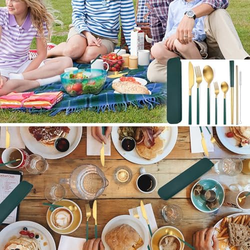 AARAINBOW 6 Pieces Stainless Steel Flatware Set Portable Reusable Cutlery Set Travel Utensils Set Including Chopsticks Knife Fork Spoon Straws Cleaning Brush Dishwasher Safe (B-Green golden) - Image 4