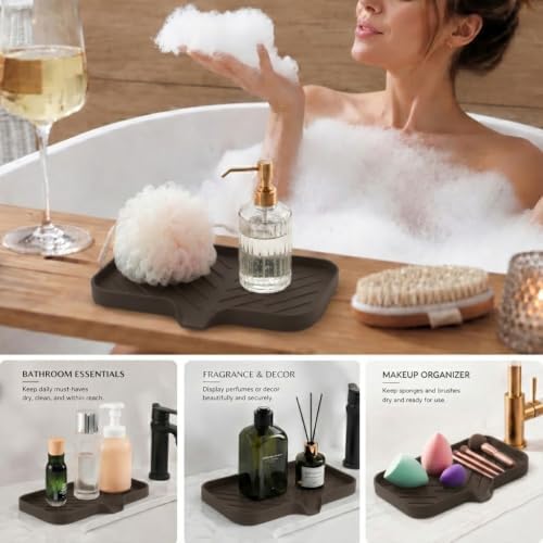 MicoYang Silicone Soap Dish with Drain Spout — Self-Draining Sink Organizer Tray for Bathroom & Kitchen, Sponges, Dispensers & Soap Holder, Non-Slip & Dishwasher Safe, Coffee (Medium, 9.6"×5.3") - Image 4