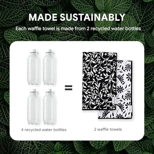 RECYCO Waffle Kitchen Towel Set of 2 - Quick Dry Microfiber Sustainable Dish Towels - Ultra Absorbent Reusable Cleaning Tea Towels - Lightweight Hand Towels,16”x 28”, Black & White Florals - Image 5