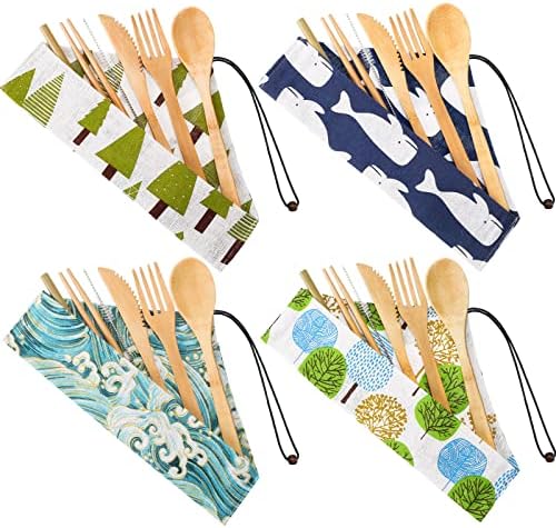 Boao 4 Sets Bamboo Utensils Wooden Utensils Set Reusable Cutlery Travel Chopsticks Fork Spoon Straw Portable Utensil Case for Travel Hiking Picnic Camping Cooking Office Kitchen (Natural Style) by Boao