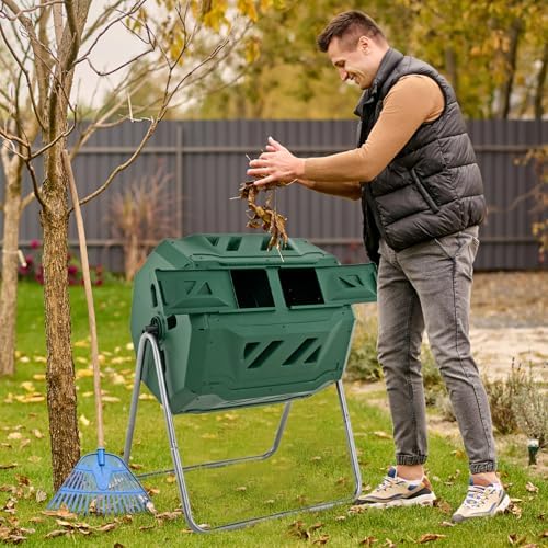 Goplus Compost Tumbler, 43 Gallon Rotating Compost Bin Barrel, Dual Chamber Tumbling Composter with Sliding Door, Gloves, Aeration System for Outdoor, Garden, Yard - Image 7