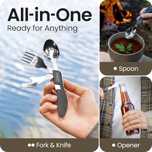 Orblue 4-in-1 Camping Eating Utensils, 2-Pack - Portable Spoon, Fork, Knife & Bottle Opener Combo Set - Stainless Steel Flatware with Detachable Fork - Travel, Backpacking Cutlery Multitool, Black - Image 2