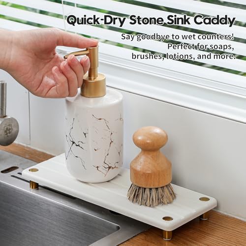 Razborci Instant Dry Sink Caddy Kitchen Sink Organizer, Quick Drying Diatomaceous Earth Stone Sink Tray Sponge Holder Soap Dish, Bathroom Countertop Vanity Dispenser Toothbrush, Gold White, 10" x 4" - Image 2