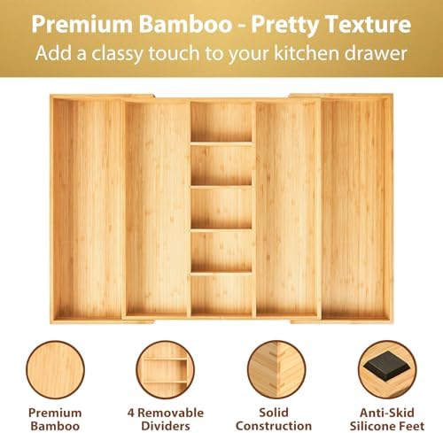 Umilife Extra Large Expandable Kitchen Drawer Organizer for Utensil and Junk, 19" Deep for Big Drawer, 17" to 28" Adjustable Bamboo Wood Drawer Divider, Cutlery Tray, Flatware Holder - Image 3