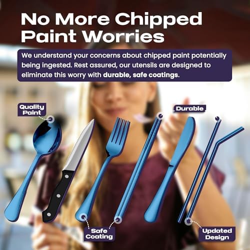 Taplord Portable Travel Silverware Set With Case, Includes 10 Pcs of Travel Utensils With Case, Stainless Steel Flatware Set For Camping, Lightweight (Blue) - Image 3
