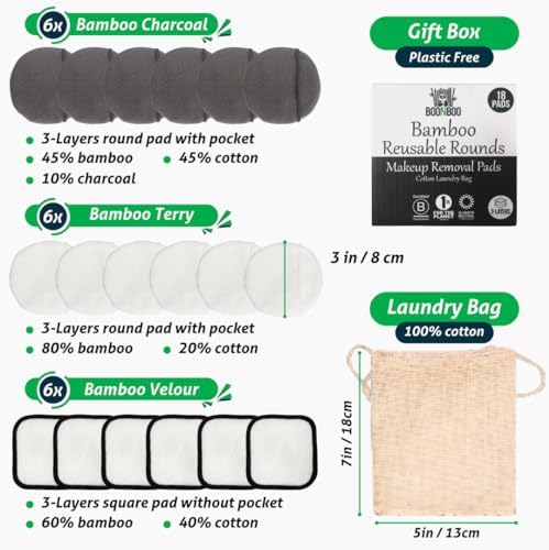BOONBOO Reusable Makeup Removal Pads, Bamboo Cotton, 3-Layer, 18 Pieces - Image 2