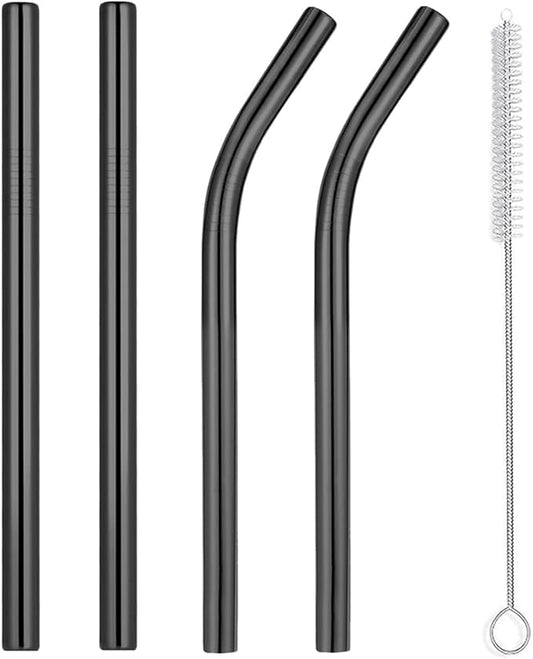 Vinaco Reusable Wide Mouth Straws - 8.5" & 10.5" Stainless Steel, Set of 4 with CleanerBrush, Black Metal Straws forThicker Drinks