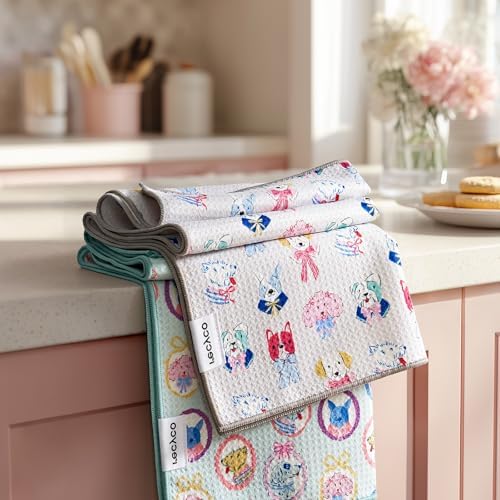 RECYCO Waffle Kitchen Towel Set of 2 - Quick Dry Microfiber Sustainable Dish Towels - Ultra Absorbent Reusable Cleaning Tea Towels - Lightweight Hand Towels,16”x 28”, Puppy Joy by RECYCOHOMECOLLECTION