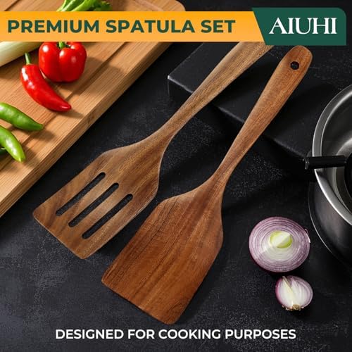AIUHI Teak Wood Spatula for Cooking, Durable Flat Turner and Slotted Spatula for Nonstick Cookware, Long Handle Natural Wooden Cooking Utensils 2 Pieces - Image 2