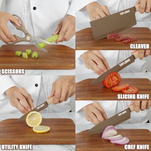 Knife Set, Wiztoynia 6-Piece Coffee Kitchen Knife Set for Home, Anti-Rust Non-stick Stainless Steel Sharp Chef Knife Set with Universal Knife Block for Kitchen, Ergonomical Design (Coffee) - Image 3