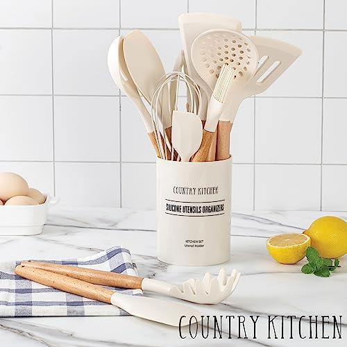 Country Kitchen Non Stick Silicone Utensil Set with Rounded Wood Handles for Cooking and Baking, 14 Piece Set, Khaki - Image 5