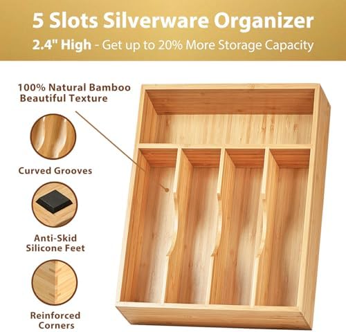 Umilife Kitchen Drawer Organizer, 10 Inch Silverware Utensil Tray Holder, Extra Deep, with Non-Slip Feet & Grooved Drawer Divider, 5 Slots Total Bamboo Wood Caddy for Flatware Cutlery Knives - Image 2