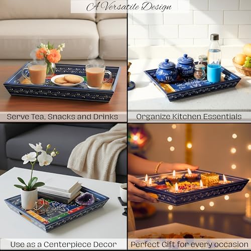 Swadeshi Blessings Hand-Painted Wooden Serving Tray Set of 3, Vintage Blue - Image 6