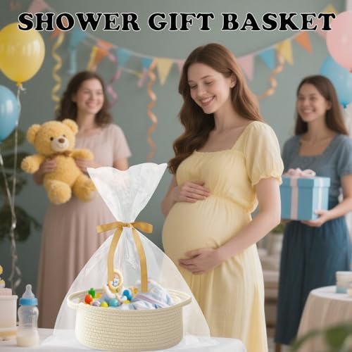 Cream Woven Rope Basket,Baby Gift Basket with Bag & Ribbon - Image 6