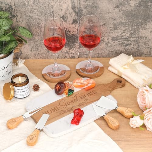 House Warming Gifts New Home – Marble & Acacia Wood Cheese Board, 4 Cheese Knives, Candle, 2 Wine Glasses, 2 Coasters, Greeting Card – Home Sweet Home Gift for Couples, Friends, New Homeowners - Image 4