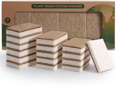 Natural Dish Sponges 16 Pack - Biodegradable Sponge Kitchen Compostable Cellulose Coconut Scrubber - No Scratch Cleaning Sponges by CleanKitchensHappyCooks