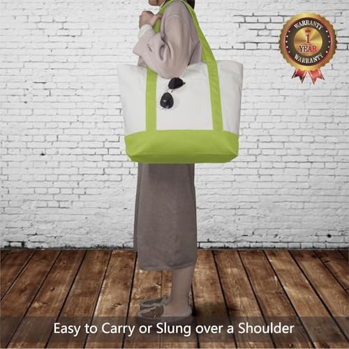 TOPDesign 3-Pack Canvas Tote Bags with an External Pocket, Reusable Grocery Shopping Bags, Top Zipper Closure, Daily Essentials (Light Green/Natural) - Image 2