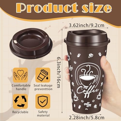 6 Sets Reusable Coffee Cups with Lids, 16oz, Brown - Image 2