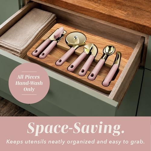 COOK WITH COLOR 6-Piece Kitchen Tool Set with Acacia Wood Cutting Board, Can Opener, Pizza Cutter, Garlic Press, Scoop & Peeler, Pink - Image 6
