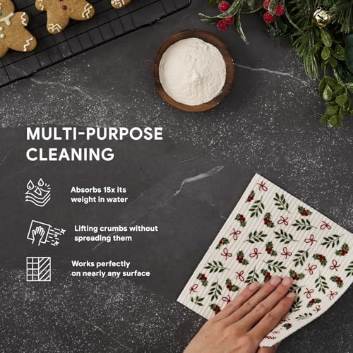 RECYCO 4 Pack Christmas Swedish Dishcloths for Kitchen | Jolly Holiday Washable Dish Towels | Cellulose Reusable Cleaning Paper Towels | Absorbent Counter Dish Cloth Sponge Kitchen Wipes, 7" x 8" - Image 4