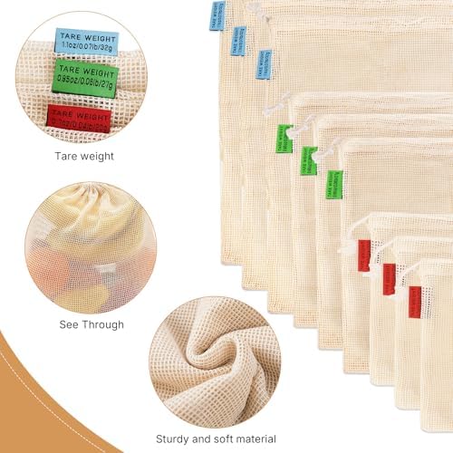 Ycsst 9 Pack Reusable Produce Bags, Cotton Mesh Vegetable & Fruit Bags for Grocery Shopping, Washable Eco Friendly Produce Storage, Reusable Grocery Bags Set (3 Sizes) - Image 4