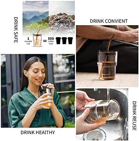 BLUEPOLAR 13oz/400ml Glass Water Tumbler with Straw and Lid Sealed Carry On Thick Wall Iced Coffee Cup Glass Cup for Water, Iced Tea Fruit Juice Etc (Amber) - Image 5