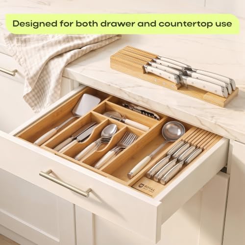 Drawer Organizer for Kitchen Organization – Expandable Bamboo Silverware Drawer Organizer with Removable Knife Block, Bamboo Cutlery, Non-Slip Utensil Organizer with 7-Slot Knife Storage for Flatware - Image 4