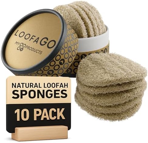 LoofaGO (10-Pack) Natural Loofah Sponges - 100% Biodegradable, Compostable & Plastic-Free, Non-Scratch Scrubbers for Kitchen, Dishes & Bath (Zero-Waste) by myGOproducts
