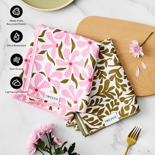 RECYCO Waffle Kitchen Towel Set of 2 - Quick Dry Microfiber Sustainable Dish Towels - Ultra Absorbent Reusable Cleaning Tea Towels - Lightweight Hand Towels,16”x 28”, Petal & Leaf - Image 3