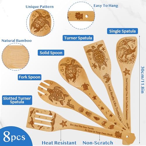Sea Turtle Gifts for Women,8PCS Coastal Bamboo Cooking Utensil Spoon with Apron Oven Mitt Potholder for Kitchen Decor,Ocean Themed Stuff for Turtle Lovers,Mom,Easter,Housewarming,Birthday Gifts - Image 4