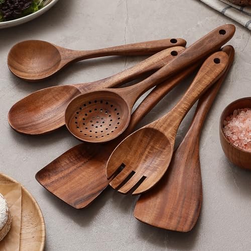 6-Piece Natural Teak Wooden Utensils Set, Wooden Spoons Set for Cooking - Heat Resistant, Natural Healthy Spatula Set with Hanging Holes - Durable, Scratch-Free & Handcrafted - Image 4